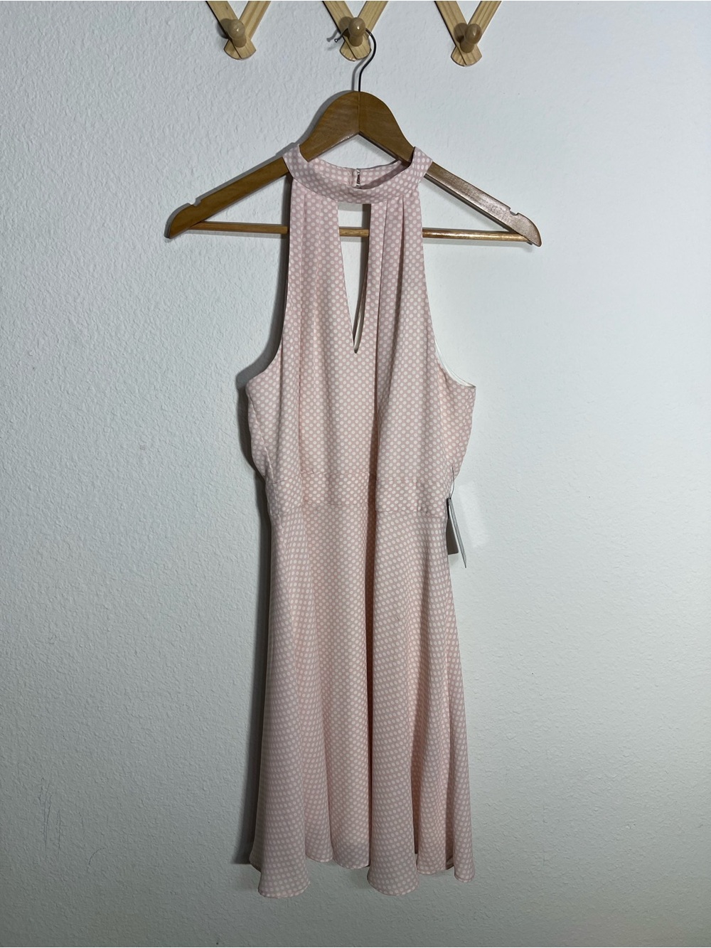 EXPRESS • NWT pink and white polka dot halter dress with keyhole neckline
